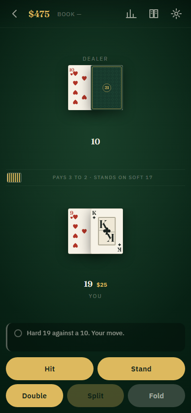 V21 in play: a dealer's ten showing, a face-down hole card, nine in the player's hand, and a coach line reading hard 9 against a 10.