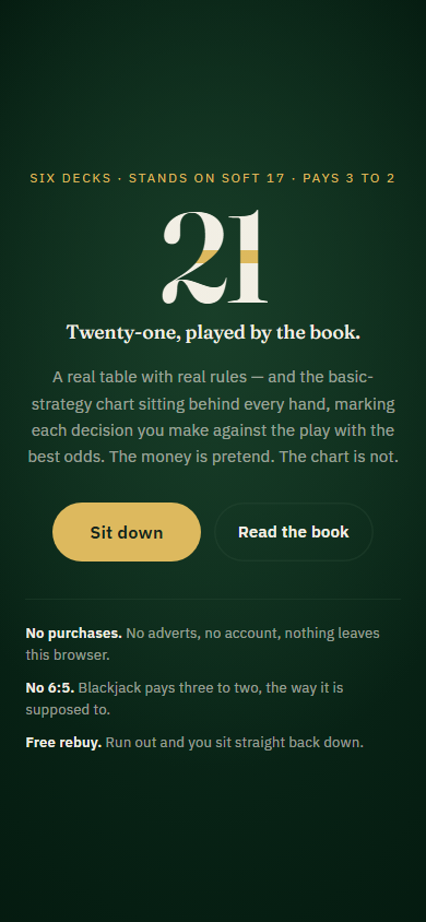 V21 title screen: a brass-inlaid 21, the line twenty-one played by the book, and Sit down and Read the book buttons.
