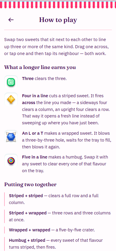 Vcrush how-to screen explaining swaps, stripes, wraps, and humbugs.