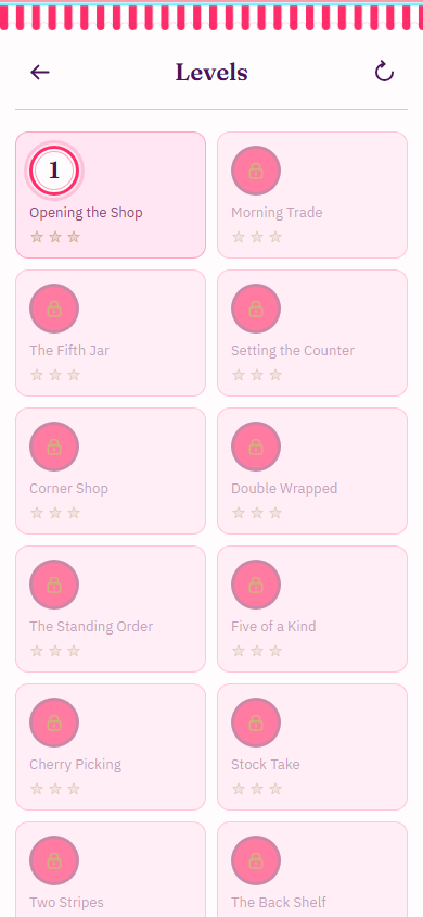 Vcrush levels grid: Opening the Shop unlocked, later nodes locked, three star sockets on each card.