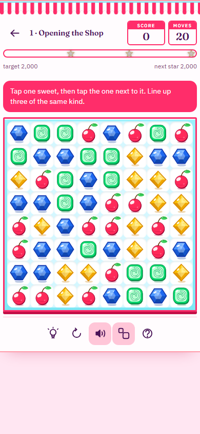Vcrush gameplay: an eight-by-eight tray of painted sweets, score and moves on a pink shop card.